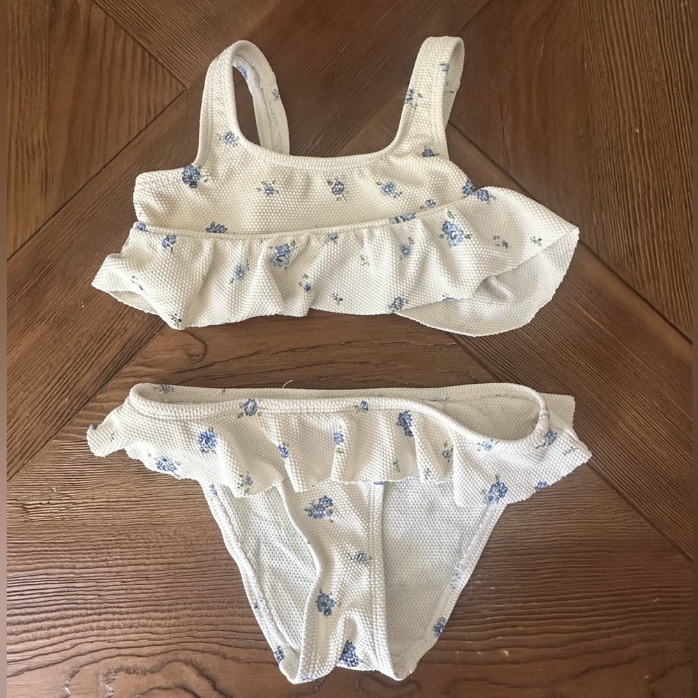 Zara White and Blue Floral Kids Bikini